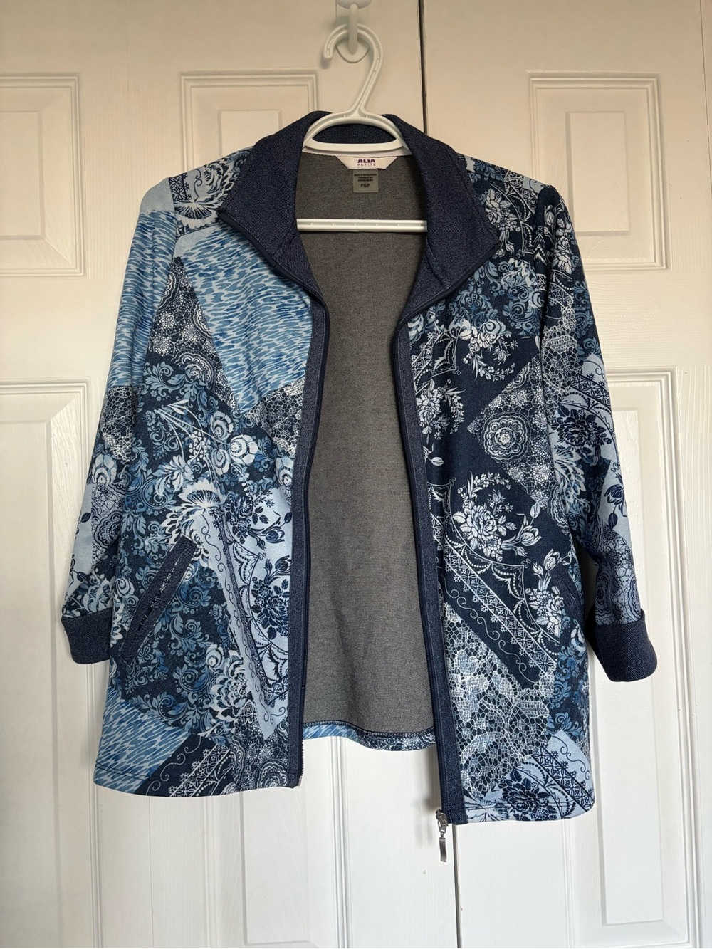 Alia Blue Patchwork-Print Zip Front Faux Jean Patchwork Jacket